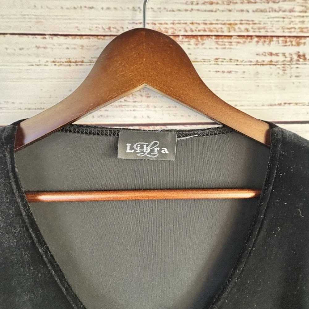 Vintage Tunic Libra L Black Velvet V-Neck Side Slit Long Sleeve Top
